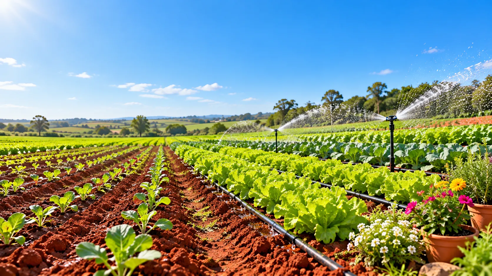 Campo com aspersores, gotejamento, mudas em solo vermelho e vasos com flores