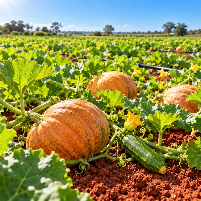 Plantação de abóbora pronta para colher em horta com solo vermelho e gotejamento