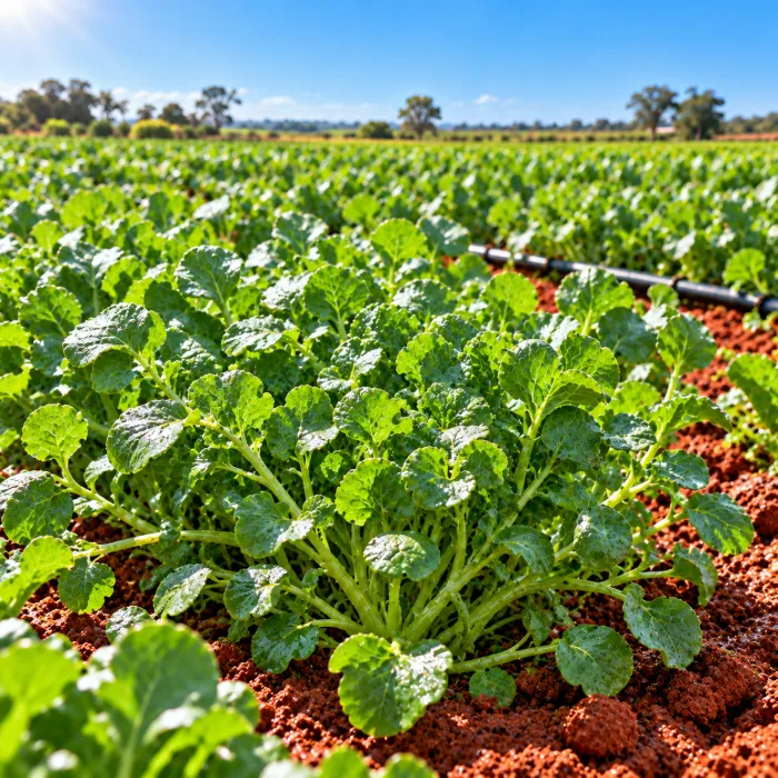 Plantação de agrião pronta para colher em horta com solo vermelho e gotejamento