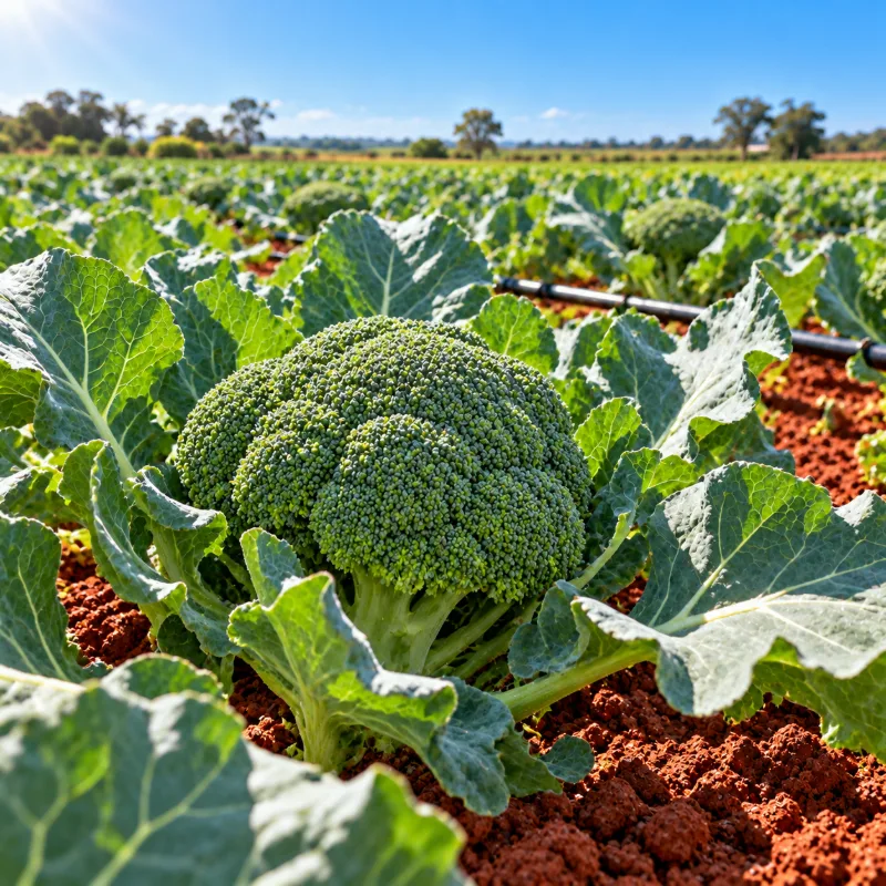 Plantação de brócolis pronta para colher em horta com solo vermelho e gotejamento