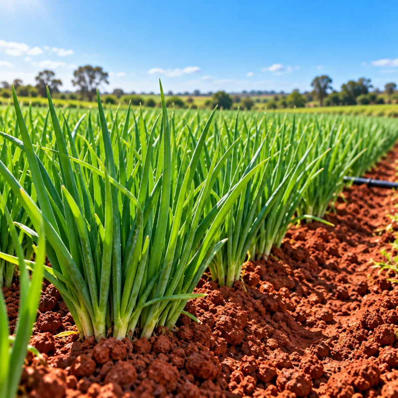 Plantação de cebolinha pronta para colher em horta com solo vermelho e gotejamento