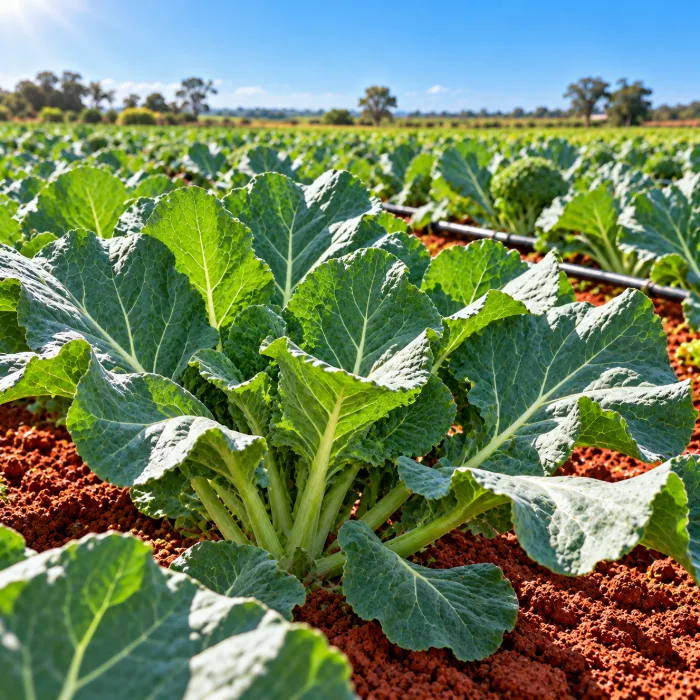 Plantação de couve pronta para colher em horta com solo vermelho e gotejamento