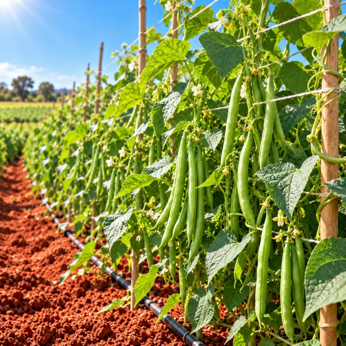 Plantação de feijão-vagem pronta para colher em horta com solo vermelho e gotejamento