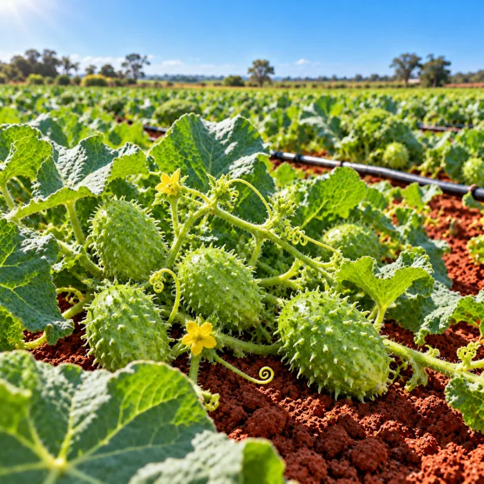 Plantação de maxixe pronta para colher em horta com solo vermelho e gotejamento