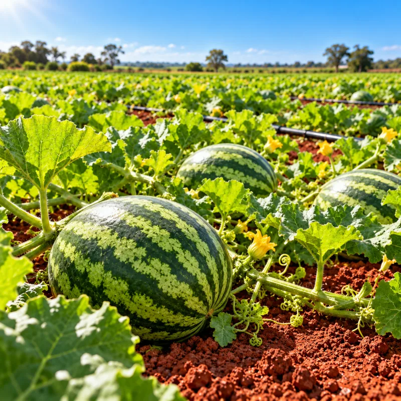 Plantação de melancia pronta para colher em horta com solo vermelho e gotejamento