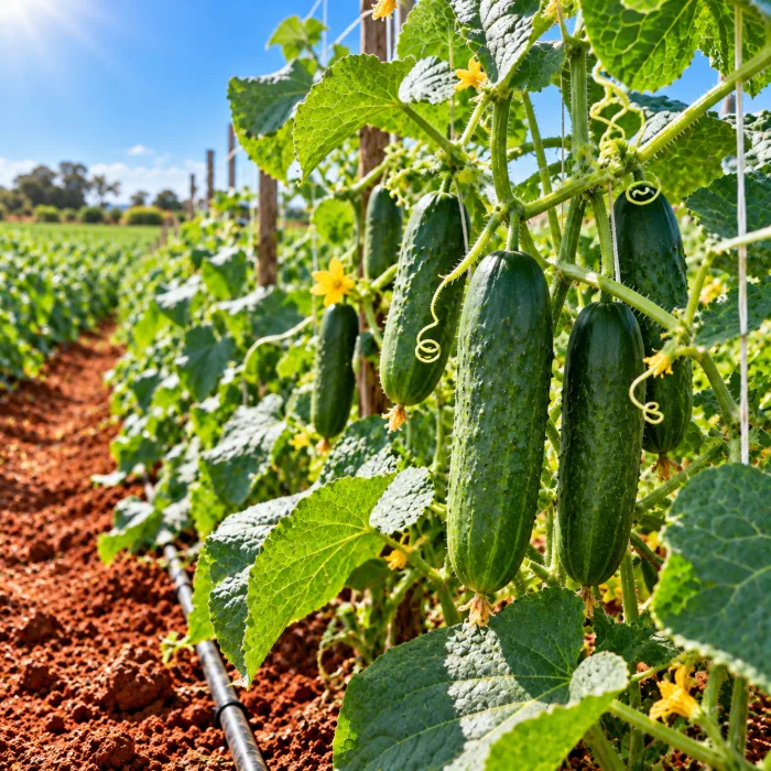 Plantação de pepino pronta para colher em horta com solo vermelho e gotejamento