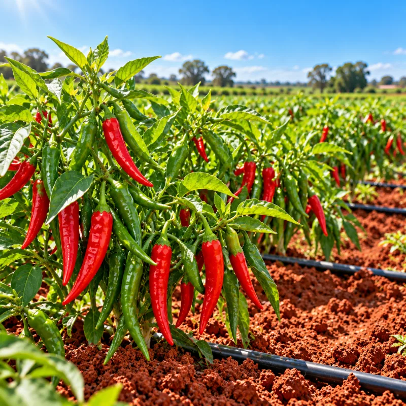 Plantação de pimenta pronta para colher em horta com solo vermelho e gotejamento