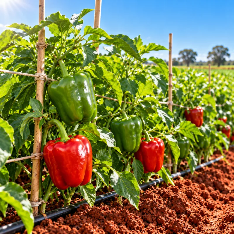 Plantação de pimentão pronta para colher em horta com solo vermelho e gotejamento