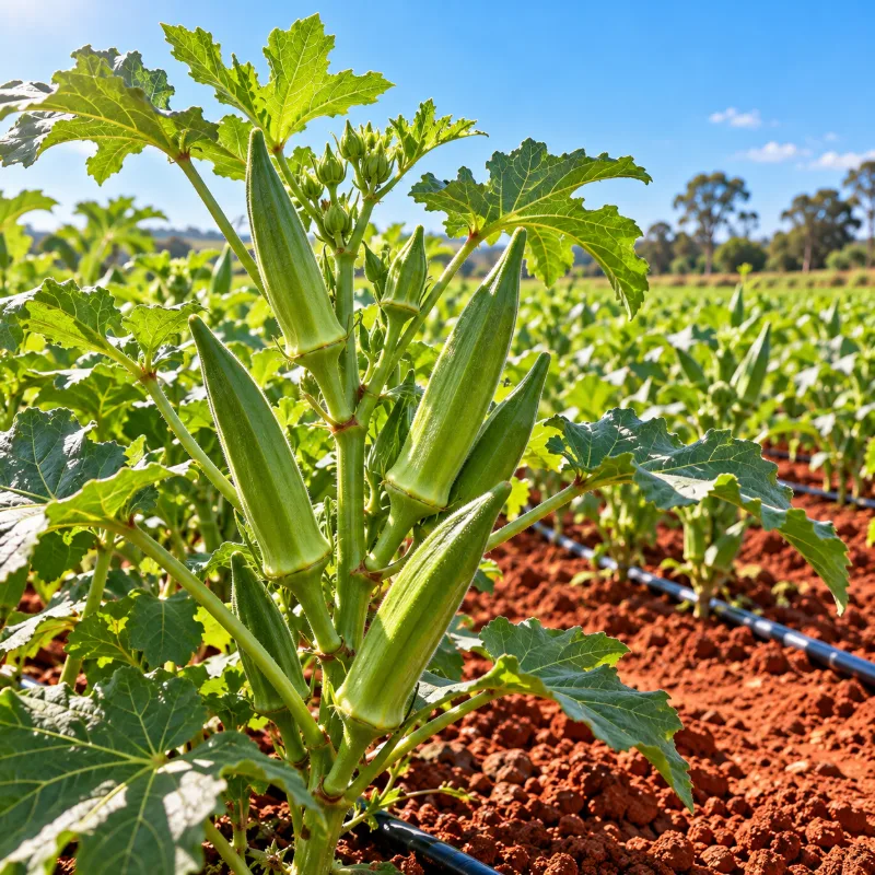 Plantação de quiabo pronta para colher em horta com solo vermelho e gotejamento