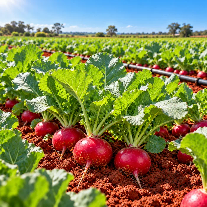 Plantação de rabanete pronta para colher em horta com solo vermelho e gotejamento