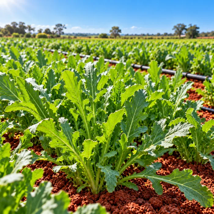 Plantação de rúcula pronta para colher em horta com solo vermelho e gotejamento