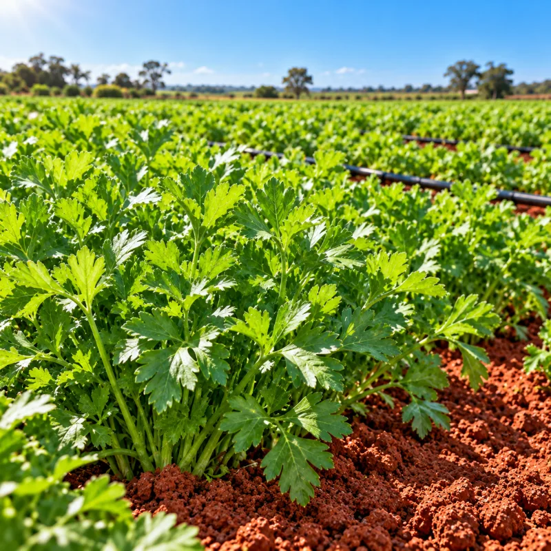 Plantação de salsa pronta para colher em horta com solo vermelho e gotejamento