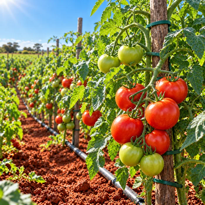 Plantação de tomate pronta para colher em horta com solo vermelho e gotejamento